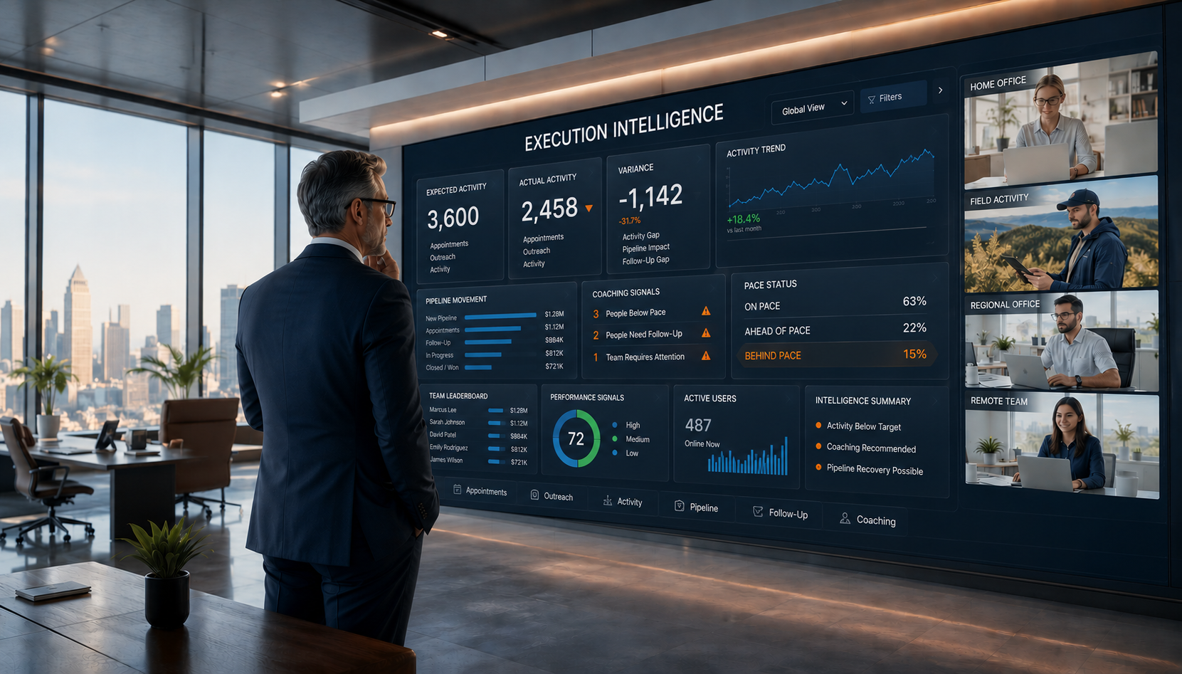 Executive reviewing execution intelligence across distributed teams